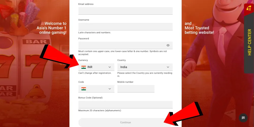 choose a currency and complete registration
